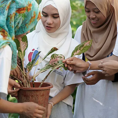 Tre kvinner i hijab holder en potteplante og smiler varmt